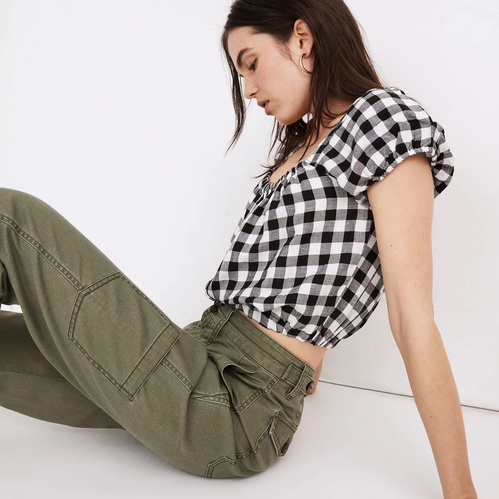 Madewell Linen-Blend Puff-Sleeve Button-Front Crop Top in Gingham Check - Picture 3 of 4
